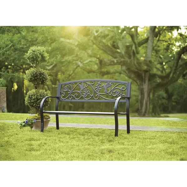 Cast Aluminum Outdoor Garden Bench with Hummingbird Design - Black