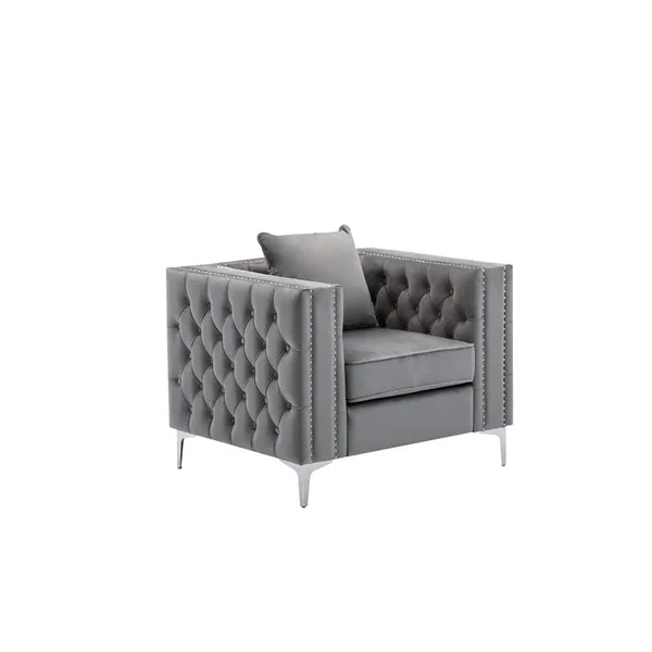 Bowery Hill Contemporary Velvet Button Tufted Accent Chair in Gray