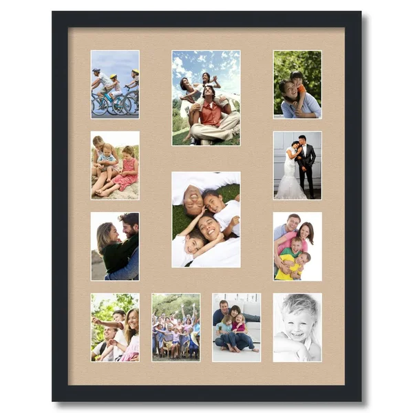 Collage Picture Frame, Satin Black Frame with 12 openings for 5x7 Photos with Pink Scotch Mist Mat. D3926DG611, ArtToFrames