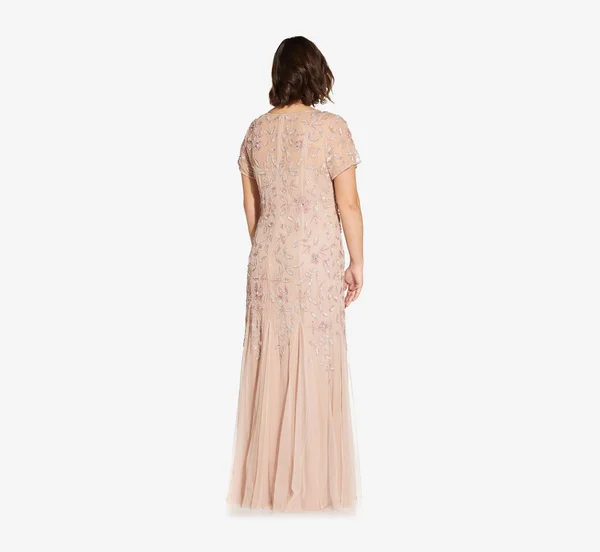 Adrianna Papell Hand Beaded Short Sleeve Floral Godet Gown, Blush, Size: 20