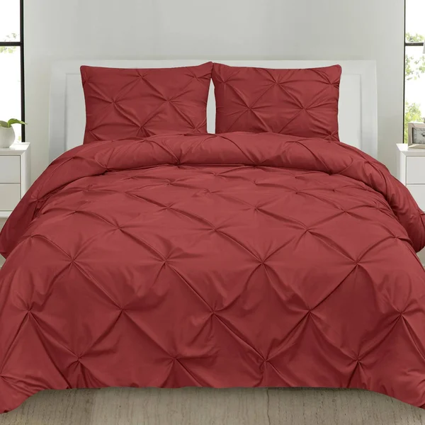 Luxury 4-Piece Pinch Pleat Pintuck Duvet Set - King - Burgundy