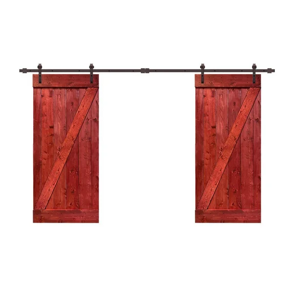 CALHOME 84 in. x 84 in. Z Bar Series Cherry Red Stained Solid Pine Wood Interior Double Sliding Barn Door with Hardware Kit