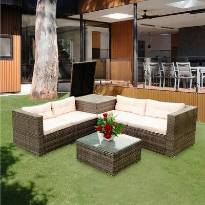 Jaqui 4 Piece Rattan Sectional Seating Group with Cushions Latitude Run Cushion Color: Beige