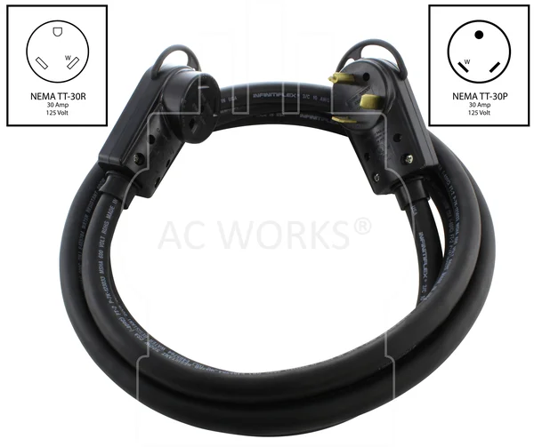 AC Works 100 ft. 30 Amp 125-Volt NEMA TT-30 RV Rubber Extension Cord with Handle, Black