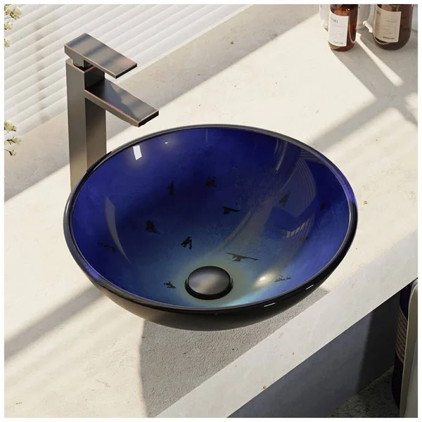 Rene R5-5008-R9-7003-C Foil Undertone Glass Vessel Sink with Chrome Vessel Faucet, Sink Ring, and Vessel Pop-Up Drain