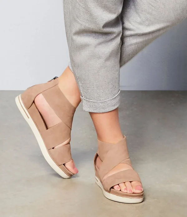 Eileen Fisher Tumbled Nubuck Leather Criss Cross Banded Backstrap Sport Wedge Platform Sandals - 6.5M