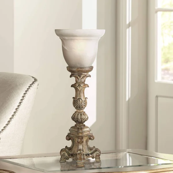 Regency Hill French LED Uplight Desk Table Lamp 18x22 High Beige Wash Candlestick Alabaster Glass Shade for Bedroom Bedside Offi