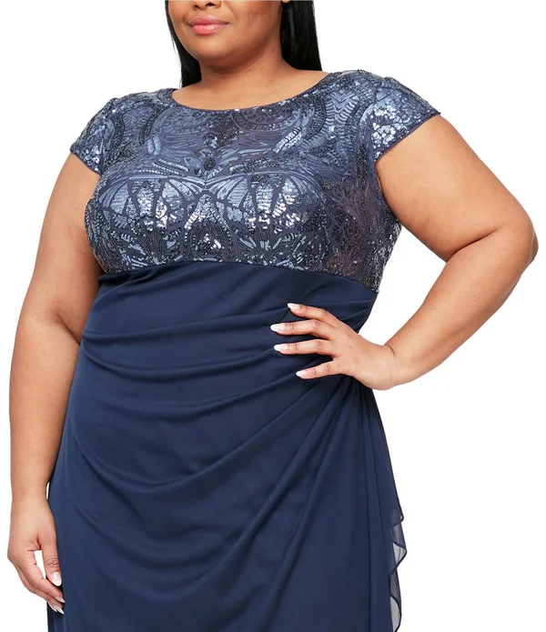 Alex Evenings Plus Size Jewel Neck Cap Sleeve Stretch Sequin Side Ruffle Gown - 18W
