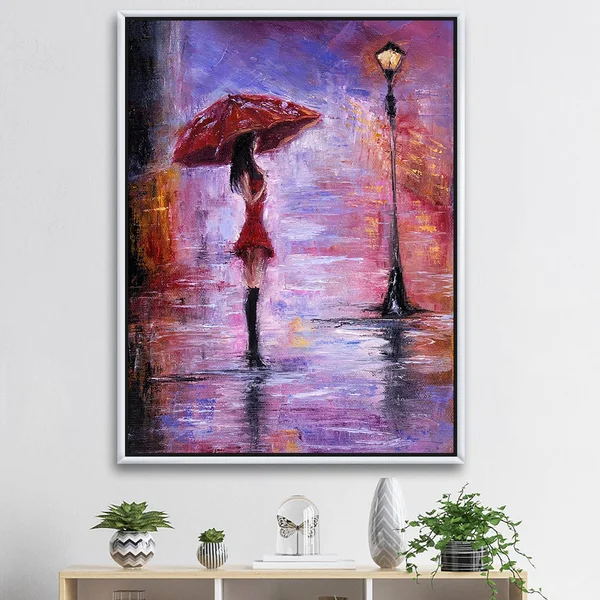 Designart 'Woman in Red Walking with Umbrella' Traditional Framed Canvas Wall Art Print - 30 in. Wide x 40 in. High - Gold