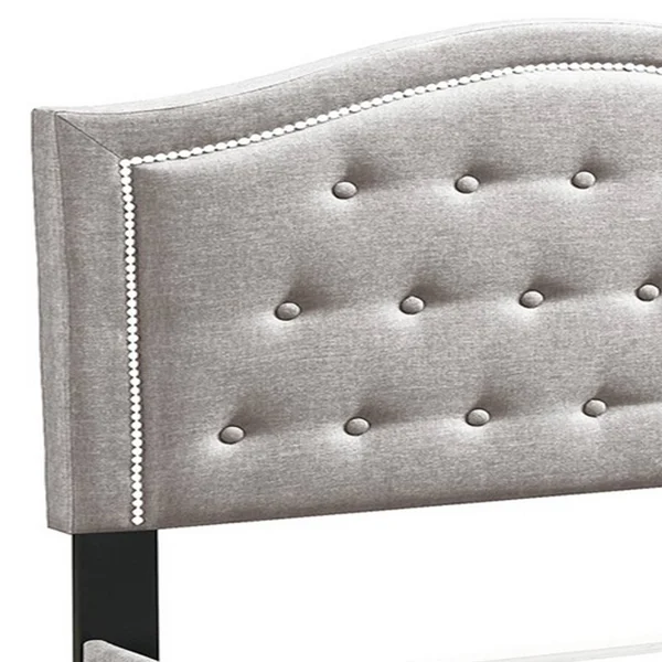 Button Tufted Queen Burlap Bed with Curved Headboard - Light Brown