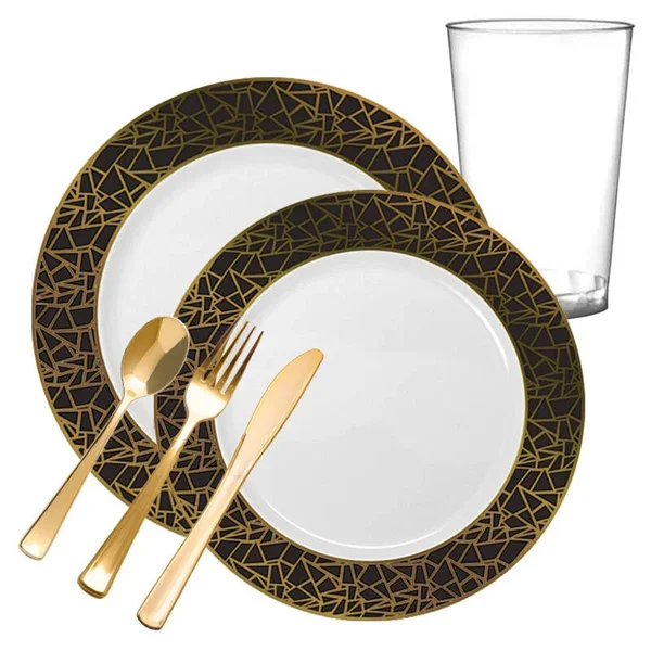 20 Settings, White with Black and Gold Mosaic Rim Round Plastic Wedding Value Set