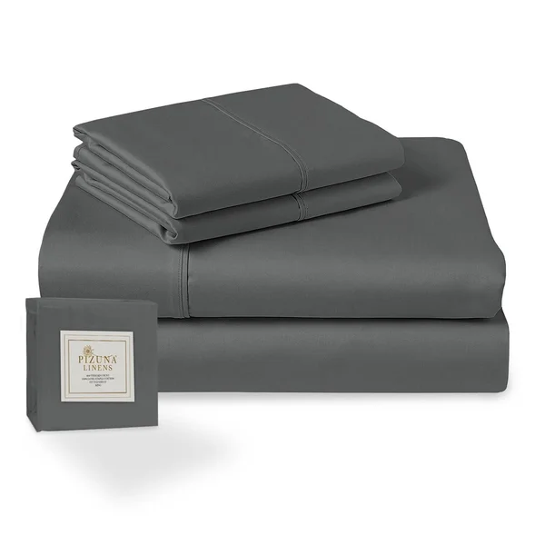 Pizuna 400 Thread Count 15 inch Deep Pocket Cotton Bed Sheet Set - Dark Grey - Queen