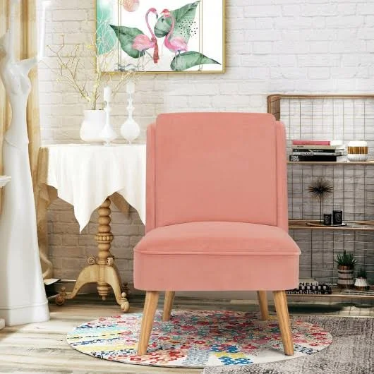 Velvet Accent Chair with Rubber Wood Legs for Living Room-Pink, Costway