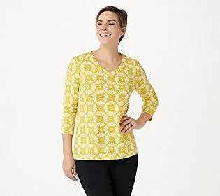 Isaac Mizrahi Live! True Denim V-Neck 3/4 Slv Printed Top - Size Small, Yellow