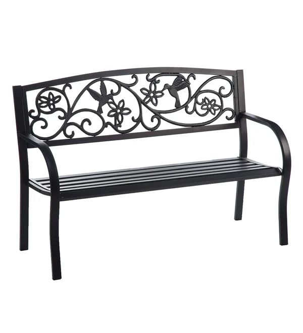 Cast Aluminum Outdoor Garden Bench with Hummingbird Design - Black