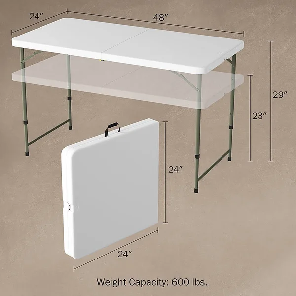 Adjustable Folding Table- 4 Foot Plastic Utility Tabletop-2 Heig