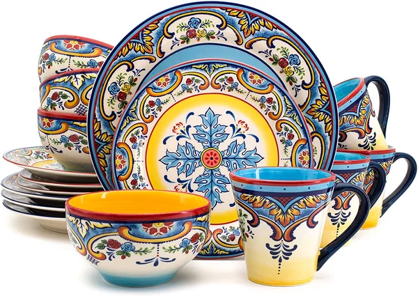 Euro Ceramica Inc. ys-zb-1001 Zanzibar Collection Vibrant Ceramic Earthenware Dinnerware Set, 16 Piece, spanish/mexican Floral D