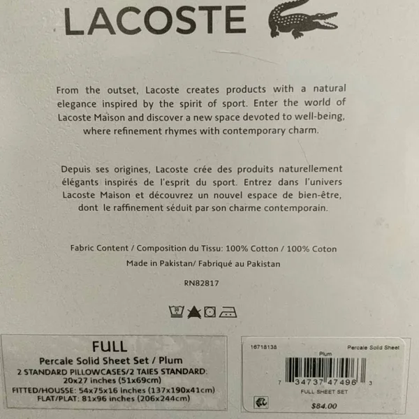 Lacoste 100% Cotton Percale Sheet Set - Solid, Plum, Full