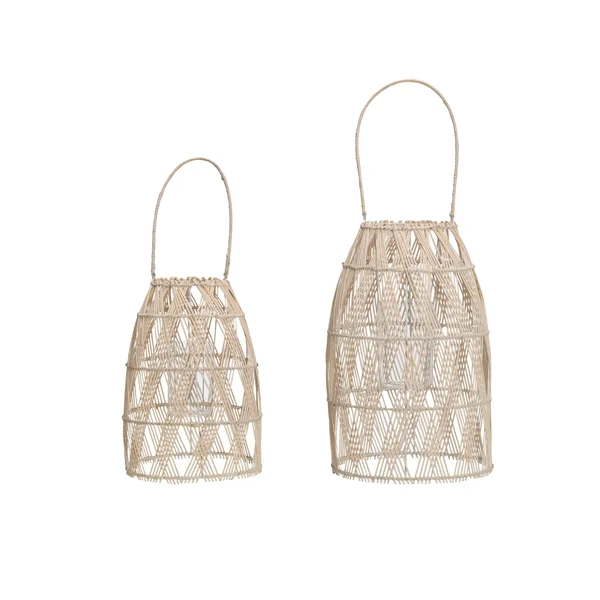 3R Studios Woven Bamboo Lantern with Glass Insert and Handle - Set of 2