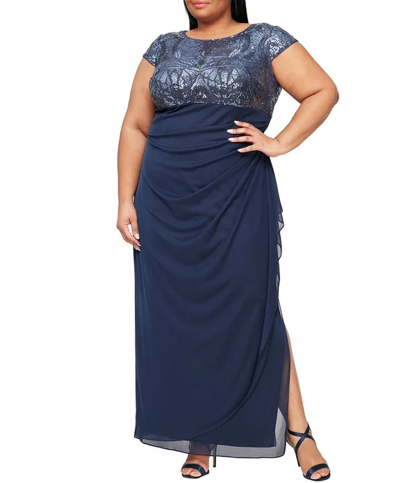 Alex Evenings Plus Size Jewel Neck Cap Sleeve Stretch Sequin Side Ruffle Gown - 18W