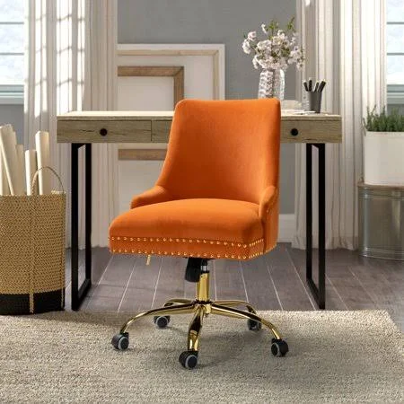 Bella Swivel Nailhead Trim Task Chair in Ivory, Size: 23, Orange