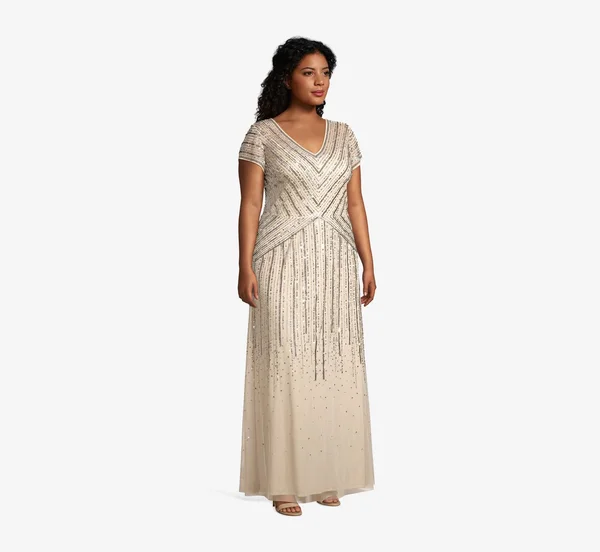 Adrianna Papell Long Beaded Dress - Beige, Size: 20
