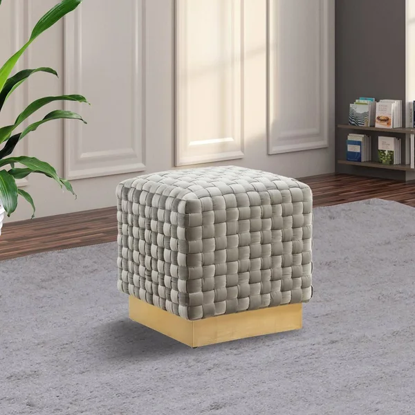 LeisureMod Myrtle 19x22 Square Weave Design Velvet Ottoman with Gold Base Dark Grey