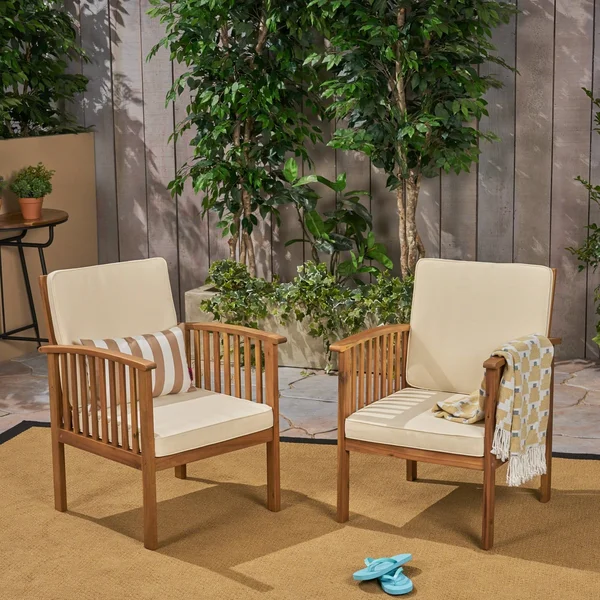 Ray Acacia Outdoor Acacia Wood Club Chairs w/ Cushions - Dark Teal - Brown Patina, Set of 2