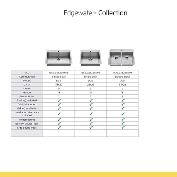 American Standard 18SB.9252211.075 Edgewater Kitchen Sink Stainless Steel