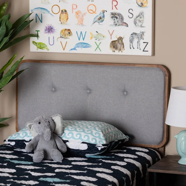 Baxton Studio Palina Mid-Century Modern Light Grey Fabric Upholstered and Walnut Brown Finished Wood Twin Size Headboard