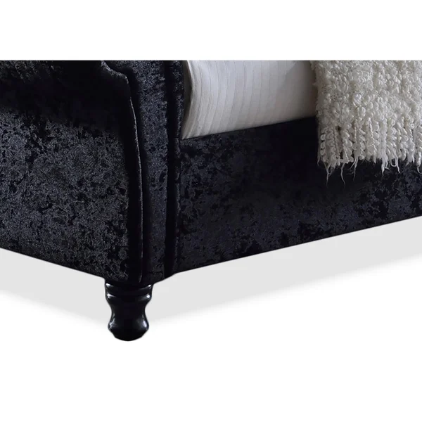 Baxton Studio Castello Black Velvet Upholstered Faux Crystal-Buttoned Sleigh Platform Bed, Queen