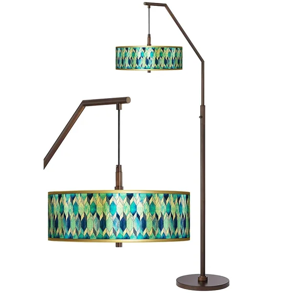 Blue Tiffany-style Gold Metallic Downbridge Arc Floor Lamp