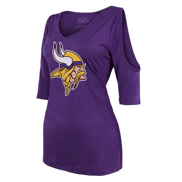 Adam Thielen Minnesota Vikings Majestic Threads Women's Player Name & Number Cold Shoulder Half-Sleeve V-Neck T-Shirt - Purp