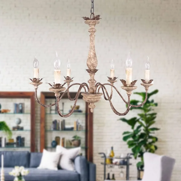 Farmhouse Royal 6-Light Distressed White and Bronze Wood Chandelier - Antique Wood FC4010