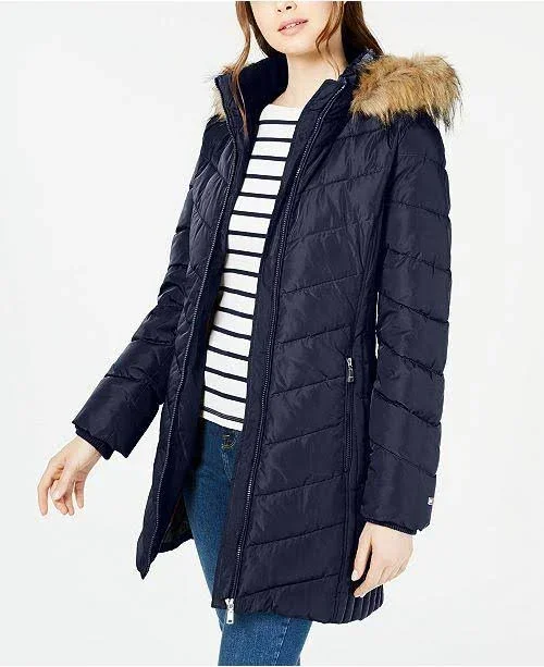 Tommy Hilfiger Womens Faux Fur Trim Chevron Quilted Puffer Coat XL Navy Blue