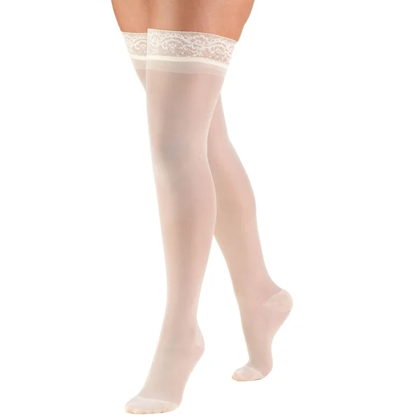 Activa 20-30 mmHg Soft Fit Thigh High with Lace Top Socks - Ivory, Queen