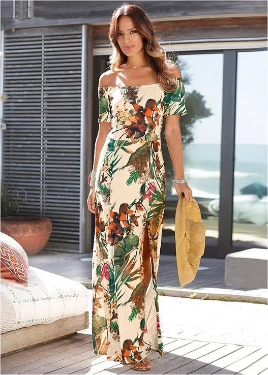 Women's Off-The-Shoulder Maxi Dress - White/Multi - Size S by Venus