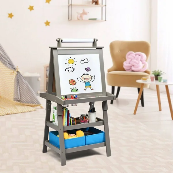 Costway 3 in 1 Double-Sided Storage Art Easel-Gray