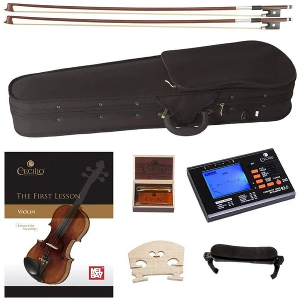 Cecilio CVN-300 Solidwood Ebony Fitted Violin with D&Addario Prelude Strings, Size 4/4 (Full Size)