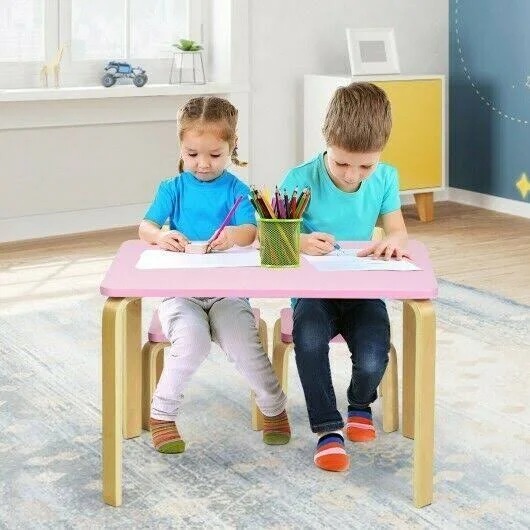 Costway 3 Piece Kids Wooden Activity Table and 2 Chairs Set-Pink