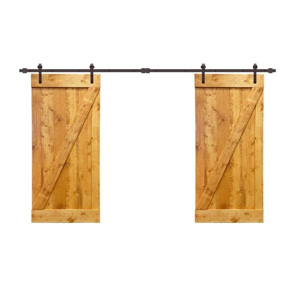 CALHOME 84 in. x 84 in. Z Bar Series Cherry Red Stained Solid Pine Wood Interior Double Sliding Barn Door with Hardware Kit