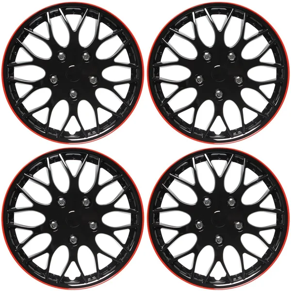 Cover Trend (Set of 4) - aftermarket, 16x22 Shiny Black w/Red Trim Hub Caps Wheel Covers