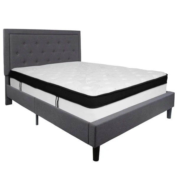 Roxbury Twin Size Tufted Upholstered Platform Bed in Beige Fabric with Memory Foam Mattress