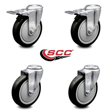 Polyurethane Swivel Bolt Hole Caster Set of 4 w/5 inch x 1.25 inch Black Wheels - Includes 2 with Total Locking Brakes - 1200 lb