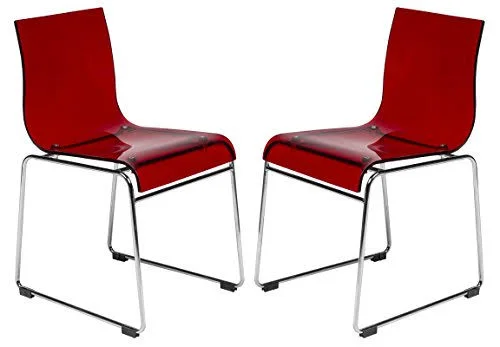 LeisureMod Lima Modern Acrylic Chair, Transparent Red, Set of 2