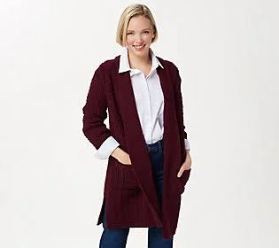 Aran Craft Merino Wool Open Front Long SweaterCardigan, Size Medium, Wine