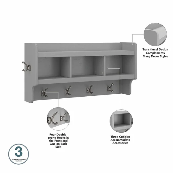 kathy ireland Home Woodland - Storage bench and wall coat rack set - 12 hooks - laminated engineered wood - white ash