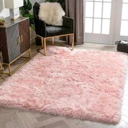 Well Woven Kuki Chie Glam Solid Textured Ultra-Soft Plush Pink 5&3 inch x 7&3 inch Two-Tone Shag Area Rug