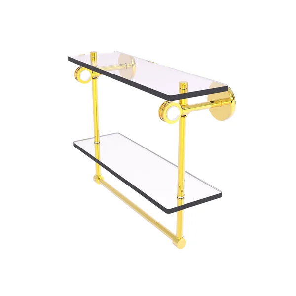 Clearview Collection Double Glass Vanity Shelf with Integrated Towel Bar with Dotted Accents - Polished Brass - 16 inch