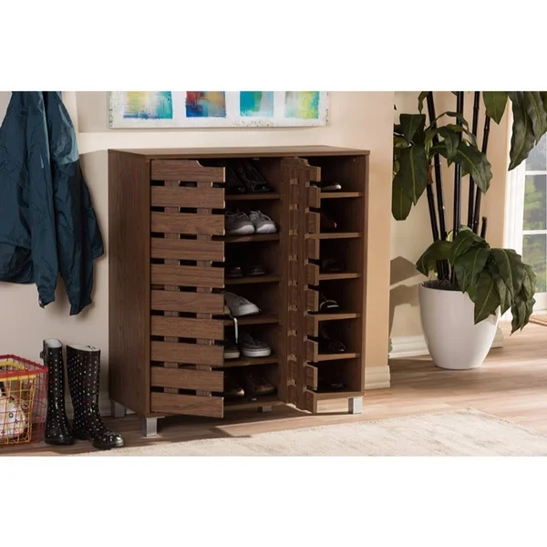Baxton Studio Shirley 2 Door Shoes Cabinet with Open Shelves - Walnut Brown